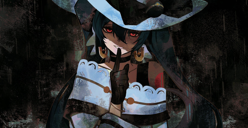 1girl black_bow black_choker black_gloves black_hair blue_hair bow choker dark_miku_(project_voltage) earrings finger_to_mouth gloves hair_between_eyes hair_ribbon hat hat_bow hatsune_miku highres index_finger_raised jewelry long_hair long_sleeves looking_at_viewer luxury_ball poke_ball pokemon poursuu project_voltage red_eyes ribbon shoulder_tattoo sidelocks solo tattoo twintails upper_body very_long_hair vocaloid white_headwear