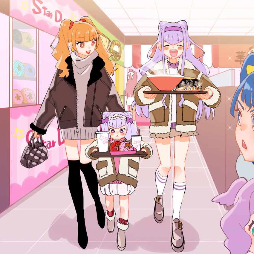 6+girls :&lt; :d aged_down aged_up aisaki_emiru bag black_footwear black_jacket blue_eyes blue_hair blunt_bangs boots bowl bright_pupils brown_hair brown_jacket casual closed_eyes closed_mouth commentary cone_hair_bun cup disposable_cup double_bun dress earrings ellee-chan frilled_hairband frills frown grey_dress grey_footwear grey_skirt hair_bun hair_tie hairband handbag highres hirogaru_sky!_precure holding holding_bag holding_tray hugtto!_precure indoors jacket jewelry long_hair long_sleeves looking_at_another medium_hair miniskirt monster_rally multiple_girls nijigaoka_mashiro open_clothes open_jacket open_mouth pink_hair pleated_skirt precure purple_hair purple_hairband red_eyes restaurant ruru_amour saliva series_connection shirt shoes skirt smile socks sora_harewataru sparkle standing sweater sweater_dress thigh_boots time_paradox tray twintails violet_eyes walking white_pupils white_shirt white_socks