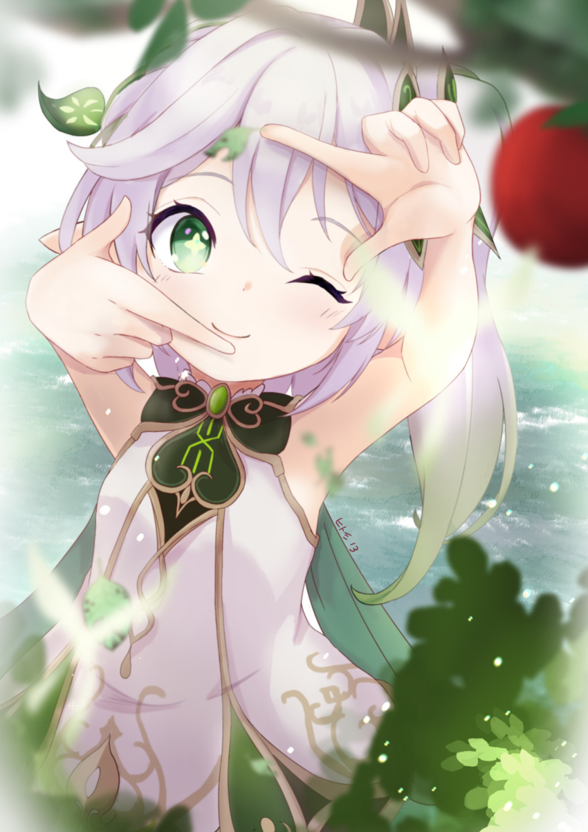 +_+ 1girl blurry child closed_mouth commentary_request cowboy_shot depth_of_field double-parted_bangs eyelashes finger_frame genshin_impact green_eyes grey_hair hair_between_eyes hands_up highres hitomi13 light_blush looking_at_viewer medium_hair nahida_(genshin_impact) one_eye_closed outdoors shirt side_ponytail sleeveless sleeveless_shirt smile solo standing water white_shirt