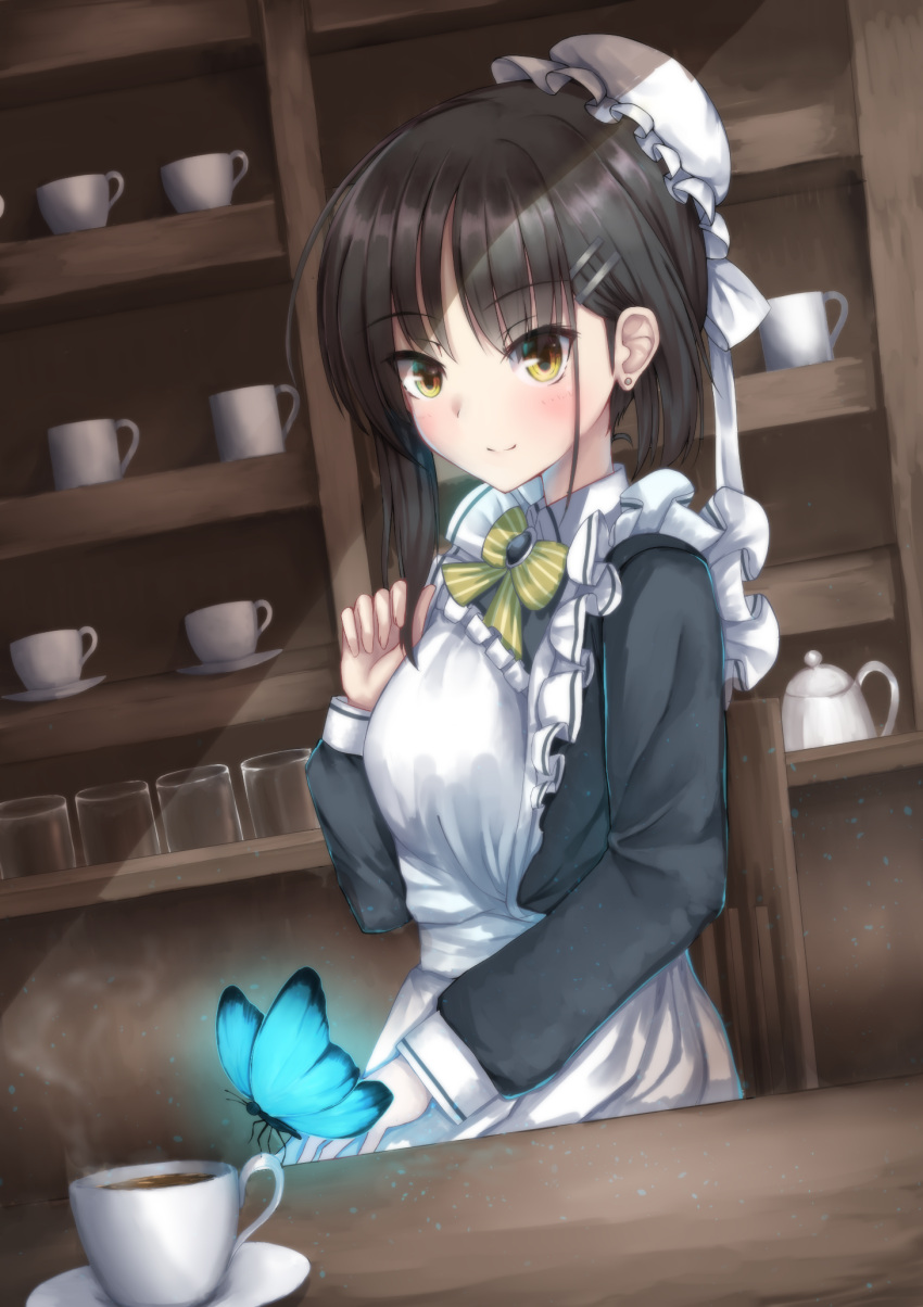 1girl apron black_hair black_shirt blush bow bowtie bug butterfly cafe cafe_stella_to_shinigami_no_chou closed_mouth commentary_request cowboy_shot cup dutch_angle earrings eyelashes eyes_visible_through_hair frilled_apron frills from_side glowing_butterfly hair_between_eyes hair_bun hair_ornament hairclip hand_up highres indoors jewelry long_sleeves looking_at_viewer maid maid_apron medium_hair nodoameyatou pinstripe_bow playing_with_own_hair shiki_natsume shirt single_hair_bun single_sidelock smile solo steam stud_earrings white_apron yellow_bow yellow_bowtie yellow_eyes