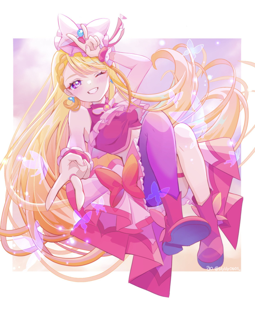 1girl absurdres artist_name asymmetrical_bangs blonde_hair boots bow bow_skirt braid braided_bangs brooch bug butterfly butterfly_earrings commentary cropped_shirt cure_butterfly double_v earrings floating frilled_cuffs frilled_shirt frills grin hat hat_bow highres hijiri_ageha hirogaru_sky!_precure jewelry knees_up lilylily0601 long_hair looking_at_viewer magical_girl midriff mob_cap orange_hair pantyhose pink_headwear pink_shirt pink_skirt precure purple_pantyhose red_bow red_footwear shirt showgirl_skirt single_leg_pantyhose skirt sleeveless sleeveless_shirt smile solo sparkle tilted_headwear twitter_username v very_long_hair violet_eyes white_bow wing_brooch
