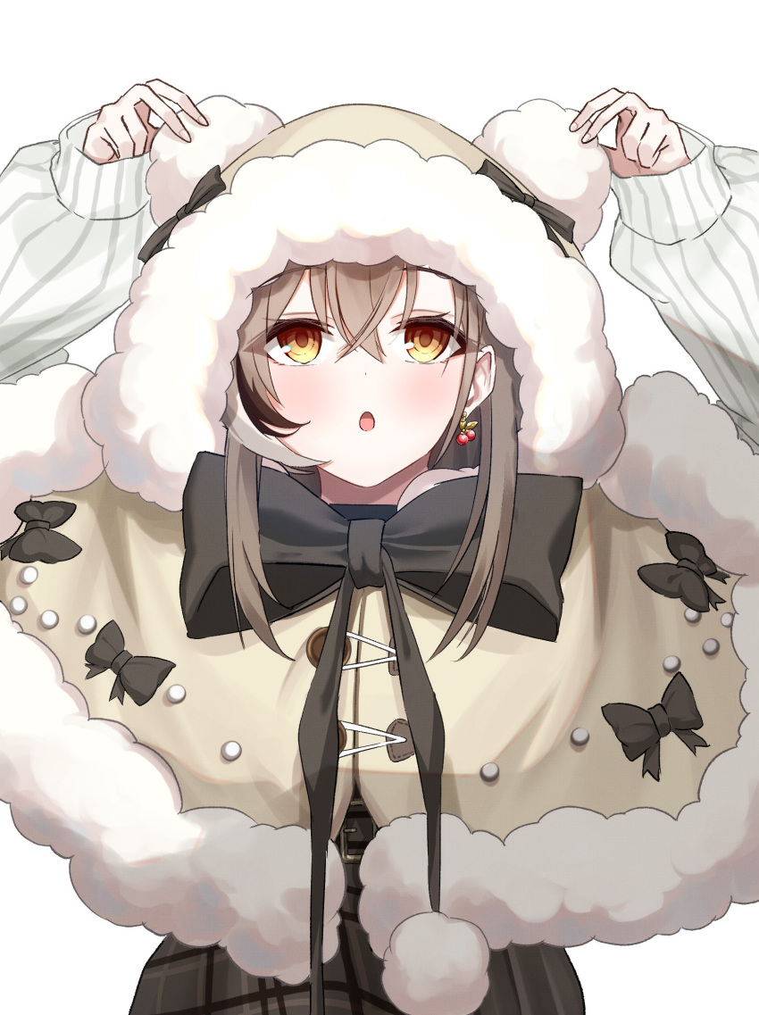 1girl :o aishea animal_hood bear_hood berry black_choker brown_capelet brown_eyes brown_hair brown_skirt capelet choker crossed_bangs earrings fingernails food-themed_earrings fur_trim highres holding_ears hololive hololive_english hood jewelry long_hair long_skirt looking_up multicolored_hair nanashi_mumei nanashi_mumei_(3rd_costume) official_alternate_costume plaid plaid_skirt pleated_skirt pom_pom_(clothes) ribbon skirt sleeves_past_wrists streaked_hair sweater virtual_youtuber white_sweater