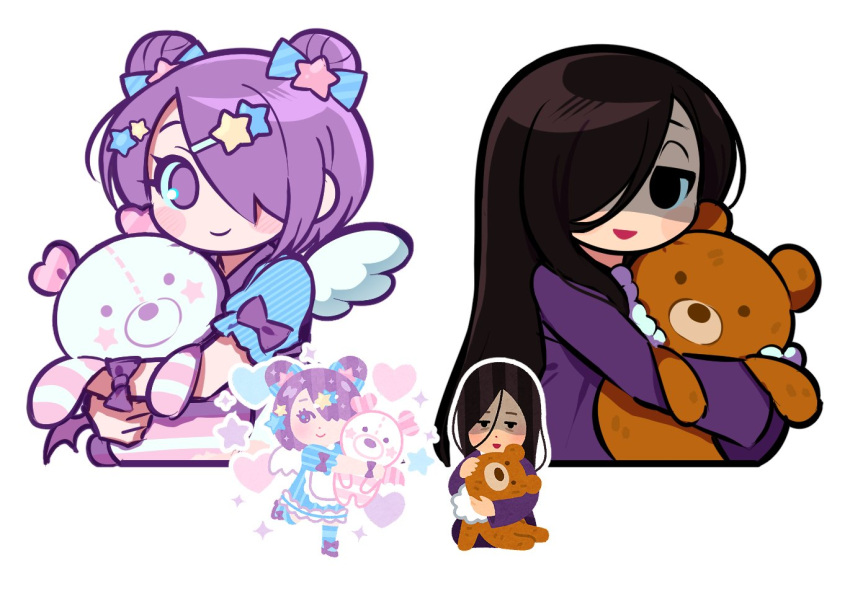 2girls :d black_hair blush bow closed_mouth double_bun hair_bun hair_ornament hair_over_one_eye heart holding irasutoya jjjjtaaaku long_hair long_sleeves looking_at_viewer multiple_girls purple_hair smile star_(symbol) star_hair_ornament stuffed_animal stuffed_toy teddy_bear very_long_hair white_background wings