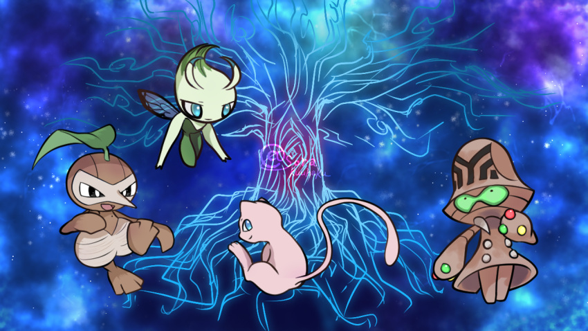 3others antennae artist_name beheeyem black_eyes blue_background blue_eyes bright_pupils celebi closed_mouth colored_sclera colored_skin commentary_request fairy fairy_wings from_behind fushigi_no_dungeon green_sclera green_skin half-closed_eyes hand_up happy leaf leg_up legs_together looking_at_viewer looking_back mew_(pokemon) multicolored_skin multiple_others nipples nuzleaf open_mouth other_focus pokemon pokemon_(creature) pokemon_(game) pokemon_mystery_dungeon pokemon_super_mystery_dungeon sideways_mouth signature smile sora_(sorakuuhaku) space standing standing_on_one_leg tree twitter_username two-tone_skin white_pupils wings