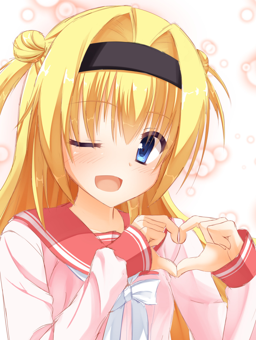 1girl :d black_hairband blonde_hair blue_eyes blush bow chitose_sana clip_studio_paint_(medium) commentary_request double_bun eyelashes eyes_visible_through_hair hair_between_eyes hair_bun hair_intakes hairband hands_up happy heart heart_hands highres long_hair looking_at_viewer makochan42 one_eye_closed open_mouth pink_shirt red_sailor_collar sailor_collar school_uniform serafuku shirt sidelocks simple_background sleeves_past_wrists smile solo tenshinranman two_side_up upper_body white_background white_bow