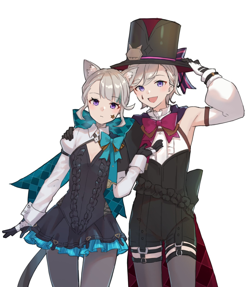 1boy 1girl animal_ears black_gloves black_headwear blonde_hair bow breasts brother_and_sister cat_ears cat_girl cat_tail closed_mouth facial_mark genshin_impact gloves hat highres long_hair long_sleeves lynette_(genshin_impact) lyney_(genshin_impact) open_mouth pantyhose short_hair siblings small_breasts smile star_(symbol) star_facial_mark tail teardrop_facial_mark top_hat violet_eyes white_background yu_ri_0320