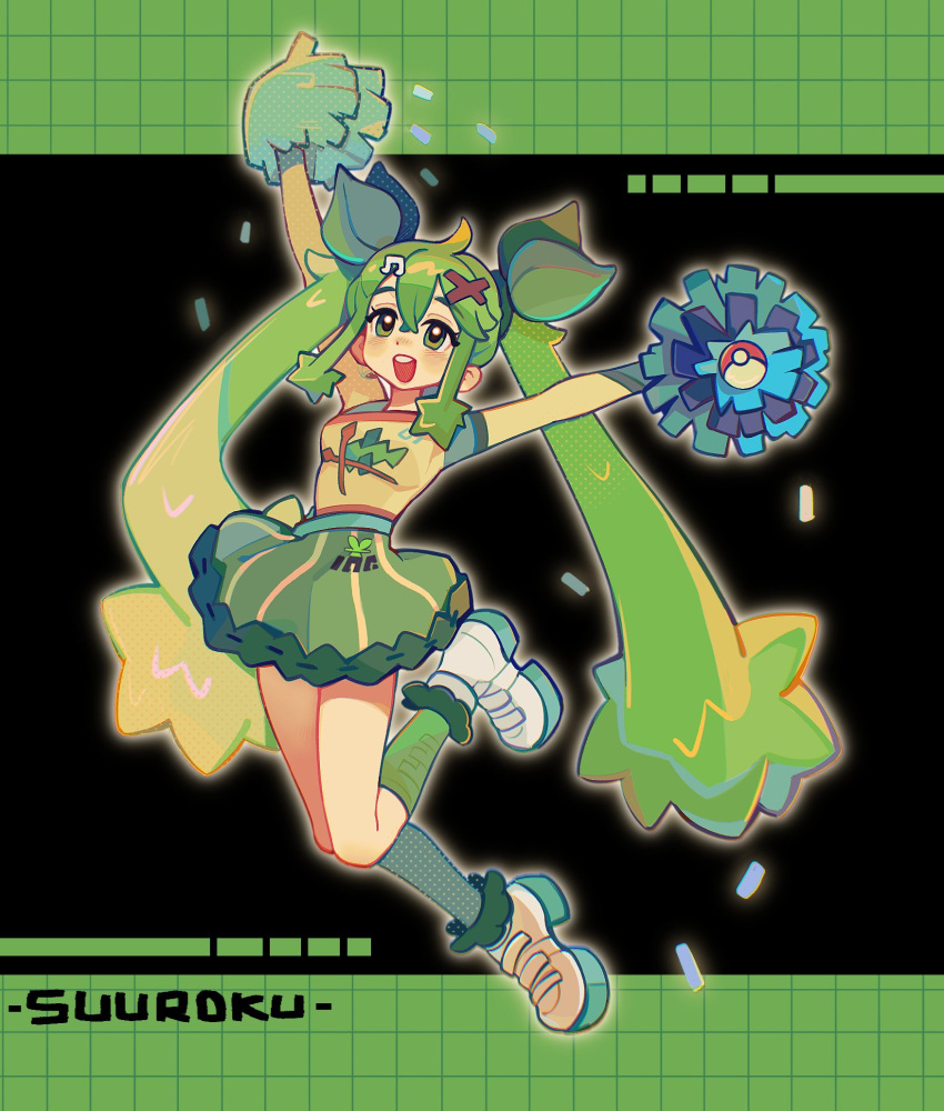 1girl blonde_hair breasts confetti full_body grass_miku_(project_voltage) green_eyes green_hair green_skirt hair_ornament hatsune_miku highres holding holding_pom_poms kneehighs long_hair multicolored_hair musical_note musical_note_hair_ornament open_mouth poke_ball poke_ball_(basic) pokemon pom_pom_(cheerleading) project_voltage shoes short_sleeves sidelocks skirt small_breasts socks solo suuroku twintails very_long_hair vocaloid white_footwear x_hair_ornament