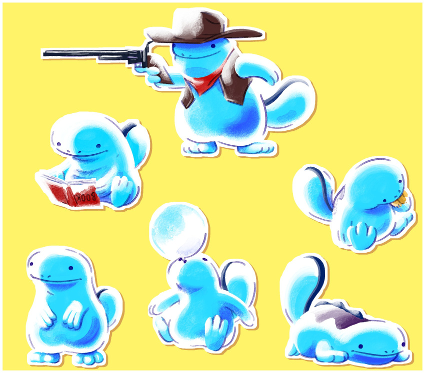 book brown_vest bubble_blowing clothed_pokemon commentary cowboy_hat dongff_tk gun hat highres holding holding_gun holding_weapon neckerchief no_humans pokemon pokemon_(creature) quagsire reading red_neckerchief revolver upside-down_book vest weapon