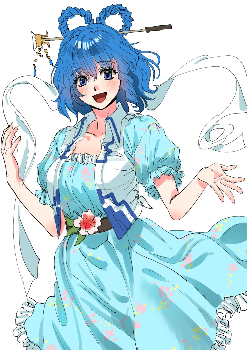 1girl :d absurdres blue_dress blue_eyes blue_hair blush breasts collarbone commentary_request cowboy_shot dress drill_hair frills hagoromo hair_between_eyes hair_ornament hair_rings hair_stick hands_up happy highres kaku_seiga korean_commentary kuya_(hey36253625) large_breasts looking_at_viewer medium_hair open_mouth petticoat puffy_short_sleeves puffy_sleeves shawl short_sleeves simple_background smile solo touhou vest white_background white_vest wing_collar