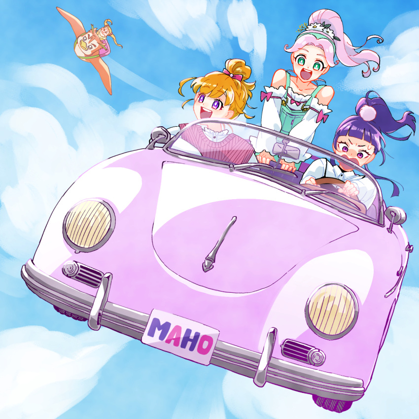 4girls :d above_clouds alternate_hairstyle asahina_mirai bird blonde_hair blue_sky blunt_bangs bright_pupils clouds collared_shirt driving flower flying flying_car frown green_eyes green_overalls hair_flower hair_ornament hair_up hanami_kotoha highres izayoi_liko kasugano_urara_(yes!_precure_5) mahou_girls_precure! monster_rally multiple_girls off-shoulder_shirt off_shoulder one_side_up open_mouth outdoors pink_hair pink_sweater ponytail precure purple_hair ribbed_sweater riding romaji_text series_connection shirt sky sleeveless sleeveless_sweater smile sweatdrop sweater syrup_(yes!_precure_5) twintails violet_eyes white_pupils white_shirt yes!_precure_5 yes!_precure_5_gogo!