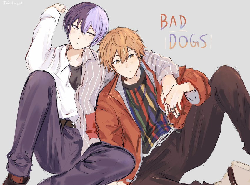 2boys aoyagi_touya arm_around_shoulder arm_up belt black_pants blonde_hair blue_eyes blue_hair buttons closed_mouth commentary dark_blue_hair dress_shirt grey_background hair_between_eyes highres jacket jewelry juicelooped knee_up long_sleeves male_focus mole mole_under_eye multicolored_hair multiple_boys open_clothes open_jacket orange_eyes orange_hair pants project_sekai ring shinonome_akito shirt short_hair simple_background split-color_hair twitter_username two-tone_hair watermark