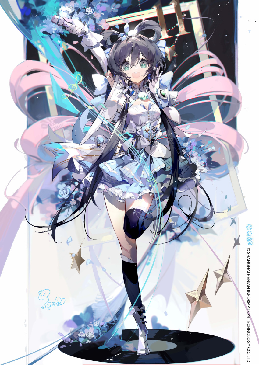 absurdres birthday black_hair bouquet chinese_hairpin flower gloves green_eyes highres jewelry looking_at_viewer low_twintails luo_tianyi microphone picture_frame ribbon rose skirt smile standing standing_on_one_leg taiz22 thigh-highs twintails vocaloid