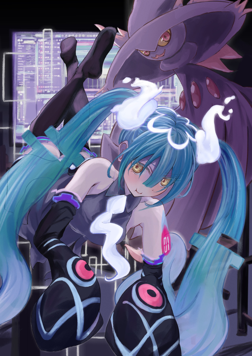 1girl absurdres aqua_hair black_thighhighs collared_shirt floating ghost ghost_miku_(project_voltage) glitch gradient_hair grey_shirt hatsune_miku highres legs_up long_hair looking_at_viewer mismagius multicolored_hair necktie no_renor_en pokemon pokemon_(creature) project_voltage shirt skirt sleeves_past_fingers sleeves_past_wrists thigh-highs twintails very_long_hair vocaloid will-o'-the-wisp_(mythology) yellow_eyes