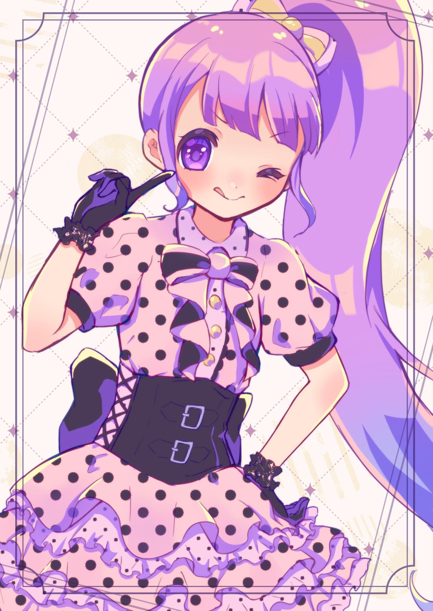 1girl black_gloves blunt_bangs bow closed_mouth collared_dress commentary_request corset dress finger_to_cheek frilled_dress frills gloves hair_bow hand_on_own_hip hand_up highres index_finger_raised light_purple_hair long_hair looking_at_viewer manaka_non mitsui_(mmdwn_0520) one_eye_closed pink_dress polka_dot polka_dot_dress pretty_(series) pripara puffy_short_sleeves puffy_sleeves short_sleeves side_ponytail smile solo tongue tongue_out very_long_hair violet_eyes yellow_bow