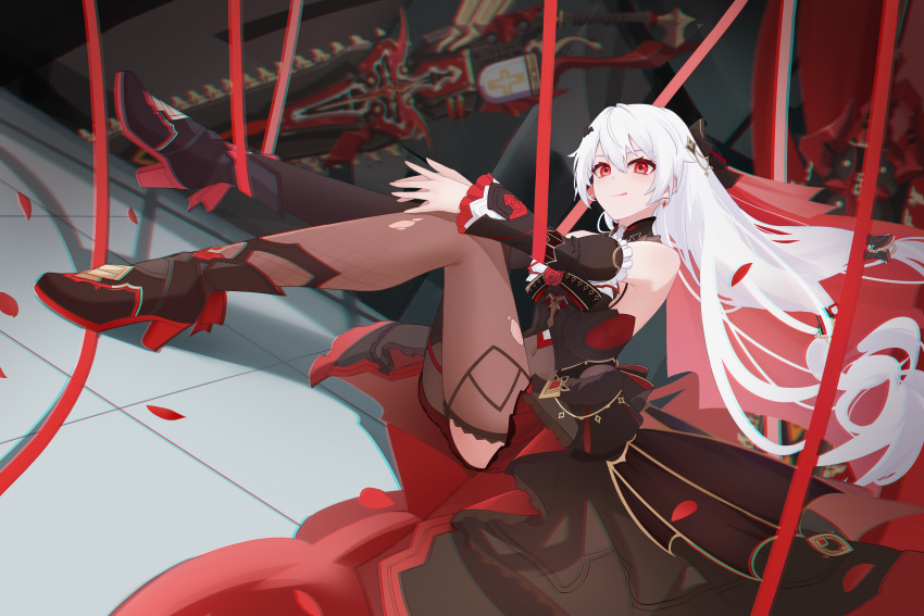 1girl absurdres bare_shoulders black_dress breasts chainsaw closed_mouth detached_sleeves dress earrings flower hair_between_eyes hair_ornament hei_yubai_yuan highres honkai_(series) honkai_impact_3rd jewelry large_breasts long_hair long_sleeves luna_(honkai_impact) red_eyes red_flower red_rose rose solo theresa_apocalypse theresa_apocalypse_(lunar_vow:_crimson_love) thigh-highs tongue tongue_out