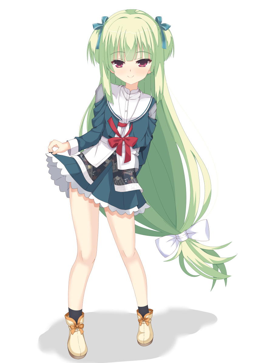 1girl absurdres arm_behind_back blue_ribbon blunt_bangs blunt_ends blush boots bow closed_mouth clothes_lift commentary cropped_jacket eyelashes frilled_skirt frills full_body green_hair green_jacket green_skirt hair_bow hair_ribbon highres hime_cut jacket kaon_zz lifted_by_self lips long_hair long_sleeves looking_at_viewer low-tied_long_hair miniskirt murasame_(senren) official_alternate_costume pleated_skirt red_bow red_eyes red_ribbon ribbon sailor_collar school_uniform seductive_smile senren_banka shirt sidelocks simple_background skirt skirt_lift smile solo standing straight_hair two_side_up very_long_hair white_background white_bow white_sailor_collar white_shirt yellow_footwear