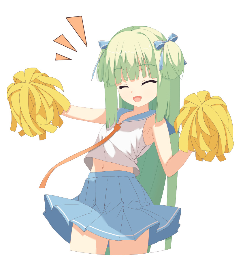 1girl :d ^_^ absurdres alternate_costume blue_ribbon blue_sailor_collar blue_skirt blunt_bangs blunt_ends cheerleader closed_eyes commentary cowboy_shot facing_viewer green_hair hair_ribbon hands_up happy highres hime_cut kaon_zz long_hair miniskirt murasame_(senren) notice_lines open_mouth outstretched_arm pleated_skirt pom_pom_(cheerleading) ribbon sailor_collar senren_banka shirt sidelocks simple_background skirt sleeveless sleeveless_shirt smile solo standing straight_hair two_side_up very_long_hair white_background white_shirt