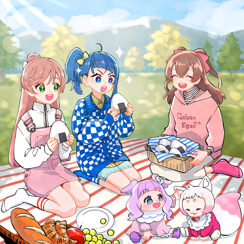 baby basket blanket blue_cardigan blue_eyes blue_skirt blue_sky blurry blurry_background bread bright_pupils brown_hair cardigan casual closed_eyes clothes_writing clouds cloudy_sky collared_shirt commentary cut_bangs day delicious_party_precure depth_of_field dress ellee-chan food green_eyes grey_skirt hair_bun hair_ribbon highres hirogaru_sky!_precure holding holding_food hood hood_down hoodie kome-kome_(precure)_(human) lens_flare long_hair long_sleeves medium_hair medium_skirt miniskirt monster_rally mountainous_horizon nagomi_yui nijigaoka_mashiro on_ground onigiri outdoors overall_skirt petticoat picnic picnic_basket pink_dress pink_hair pink_hoodie pink_ribbon plate precure purple_hair ribbon romaji_text seiza series_connection shirt side_ponytail single_hair_bun single_sidelock sitting skirt sky sora_harewataru sparkle sunlight two_side_up wariza watch watch white_pupils white_ribbon white_shirt yellow_ribbon yellow_shirt