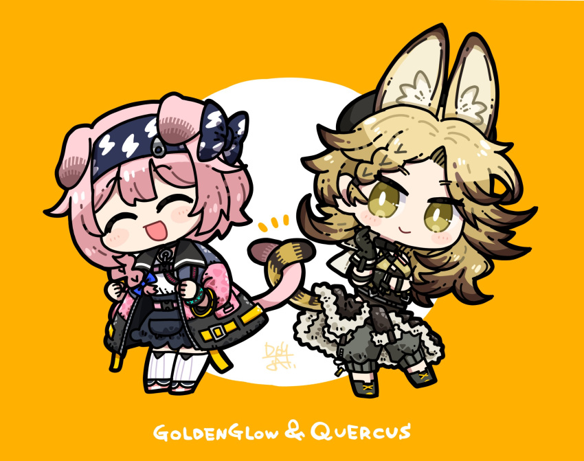 2girls animal_ear_fluff animal_ears arknights black_headband black_jacket black_shirt black_skirt blonde_hair bright_pupils brown_hair brown_shorts cat_ears cat_girl cat_tail character_name chibi closed_eyes clothes_around_waist coat colored_tips commentary dog-san full_body fur-trimmed_jacket fur_trim goldenglow_(arknights) headband highres infection_monitor_(arknights) intertwined_tails jacket jacket_around_waist lightning_bolt_print medium_hair messy_hair multicolored_hair multiple_girls open_mouth orange_background parted_bangs pink_coat pink_hair quercus_(arknights) scottish_fold shirt short_hair shorts signature simple_background skirt tail thigh-highs white_background white_pupils yellow_eyes