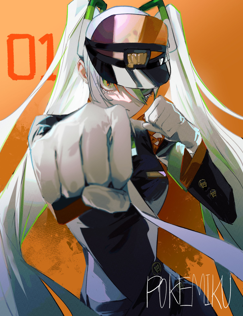 1girl absurdres detached_sleeves fighting_miku_(project_voltage) fighting_stance gloves hair_between_eyes hatsune_miku highres imcheese_m long_hair long_sleeves looking_at_viewer multicolored_hair necktie orange_trim pokemon project_voltage side_slit single_detached_sleeve twintails very_long_hair visor_cap vocaloid white_gloves white_hair white_necktie