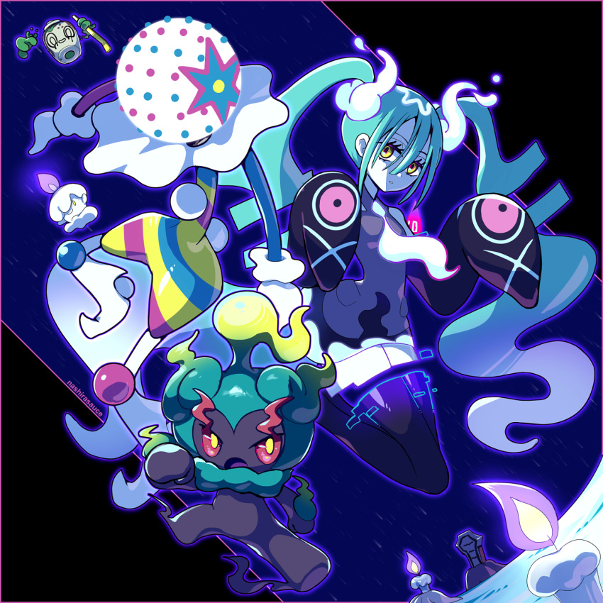 1girl aqua_hair blacephalon black_thighhighs detached_sleeves fire ghost ghost_miku_(project_voltage) greavard grey_shirt hatsune_miku highres houndstone litwick long_hair marshadow nashirasauce necktie pale_skin pokemon pokemon_(creature) poltchageist project_voltage shirt skirt sleeves_past_fingers sleeves_past_wrists thigh-highs twintails very_long_hair vocaloid will-o'-the-wisp_(mythology) yellow_eyes