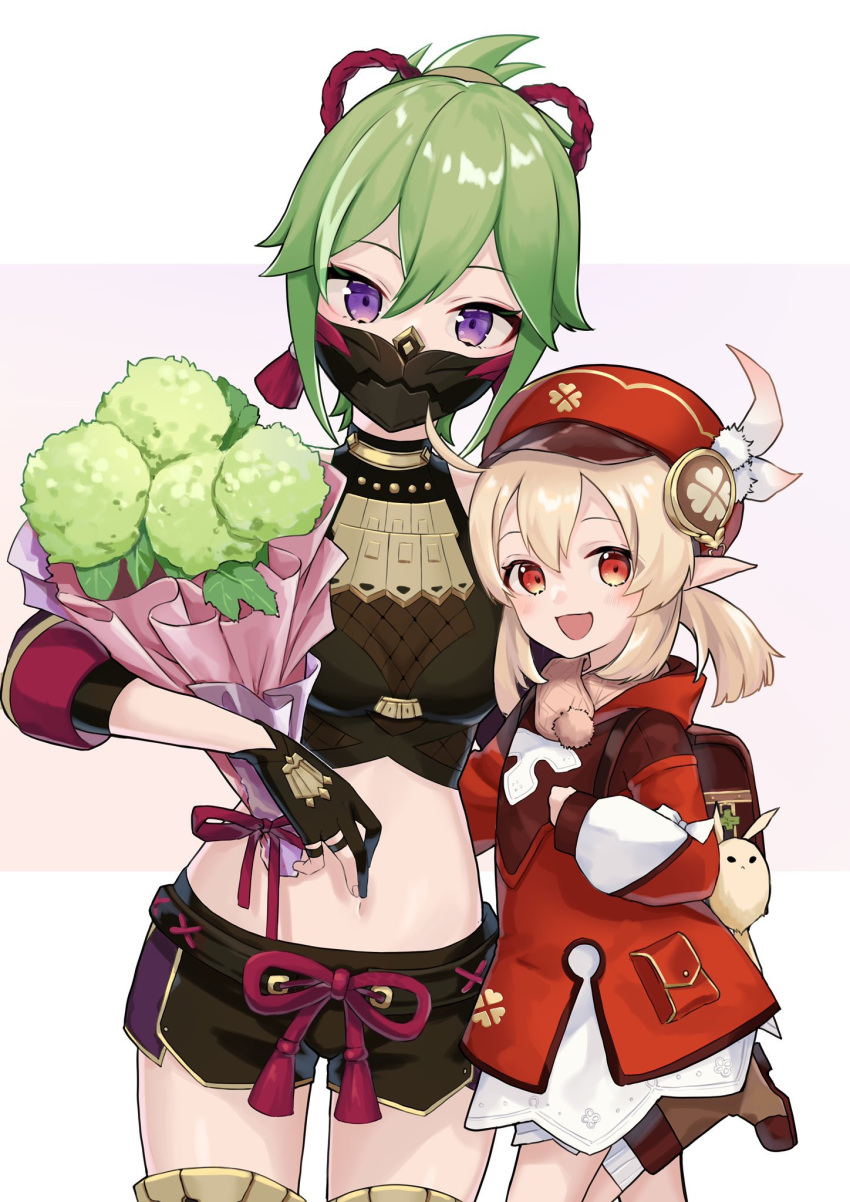 2girls age_difference black_gloves boots breasts cabbie_hat crop_top fingerless_gloves flower genshin_impact gloves green_hair hair_between_eyes hair_ornament hat highres klee_(genshin_impact) kuki_shinobu long_hair mask midriff mouth_mask multiple_girls navel pointy_ears red_eyes red_headwear short_shorts shorts smile stomach twintails violet_eyes yu_ri_0320