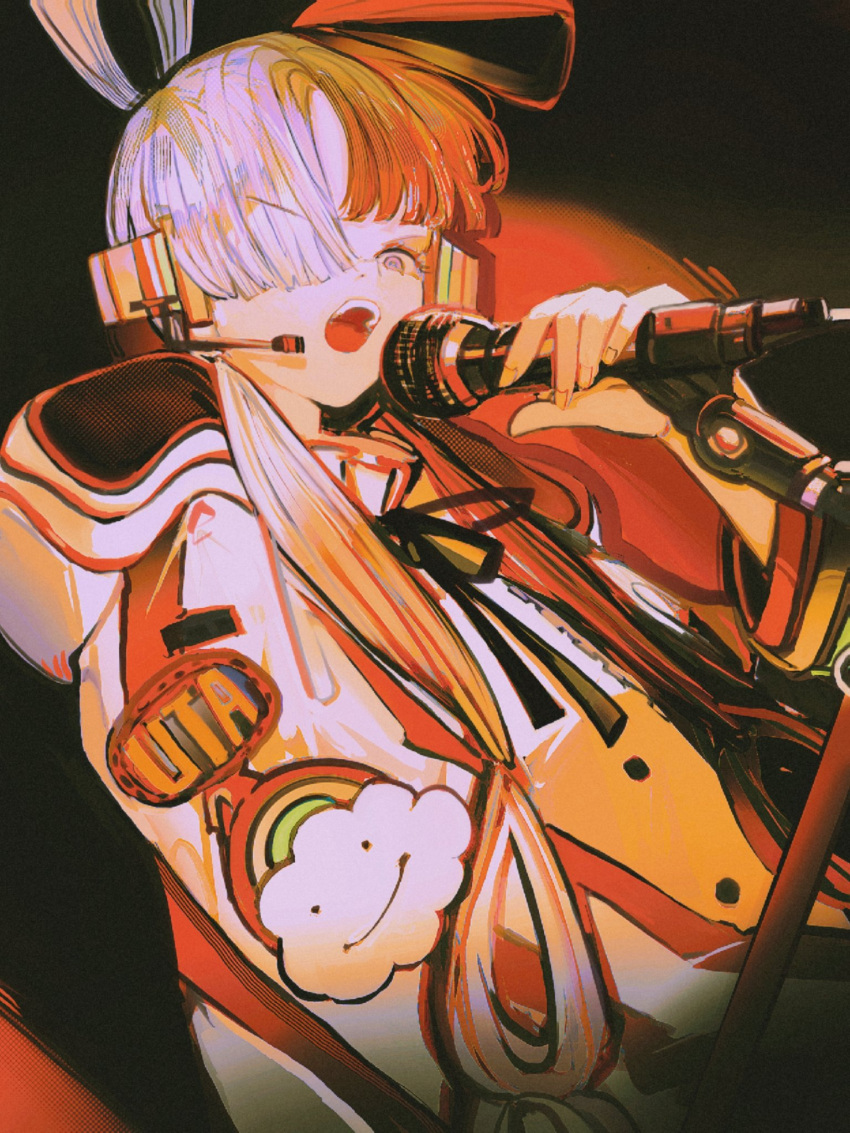 1girl behind-the-head_headphones dutch_angle hair_over_one_eye hair_rings headphones highres holding holding_microphone hood hooded_jacket jacket john_kafka looking_at_viewer microphone multicolored_hair music one_piece open_mouth orange_theme singing solo two-tone_hair uta_(one_piece) white_jacket