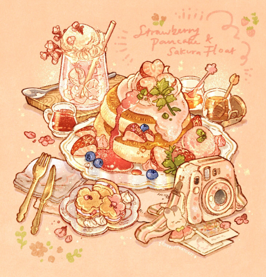 blueberry blush_stickers bow bowtie brown_background camera capelet cherry_blossoms closed_eyes closed_mouth commentary cookie drinking_straw english_commentary english_text flower food food_focus fork frilled_capelet frills fruit green_bow green_bowtie highres honey ice ice_cream ice_cube jar knife maple_syrup nao_(bestrollever) napkin no_humans original pancake pancake_stack petals photo_(object) pink_capelet pink_flower plate rabbit shadow smile sparkle spoon still_life strawberry strawberry_slice strawberry_syrup tray whipped_cream