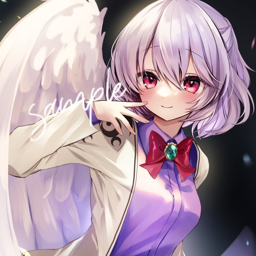 1girl black_background blush bow bowtie breasts brooch brown_jacket collared_shirt feathered_wings glowing green_brooch grey_hair hand_up highres jacket jewelry jpeg_artifacts kishin_sagume light_smile looking_ahead medium_breasts moni_monico pink_nails purple_shirt red_bow sample_watermark shirt short_hair simple_background single_wing solo touhou upper_body violet_eyes wings