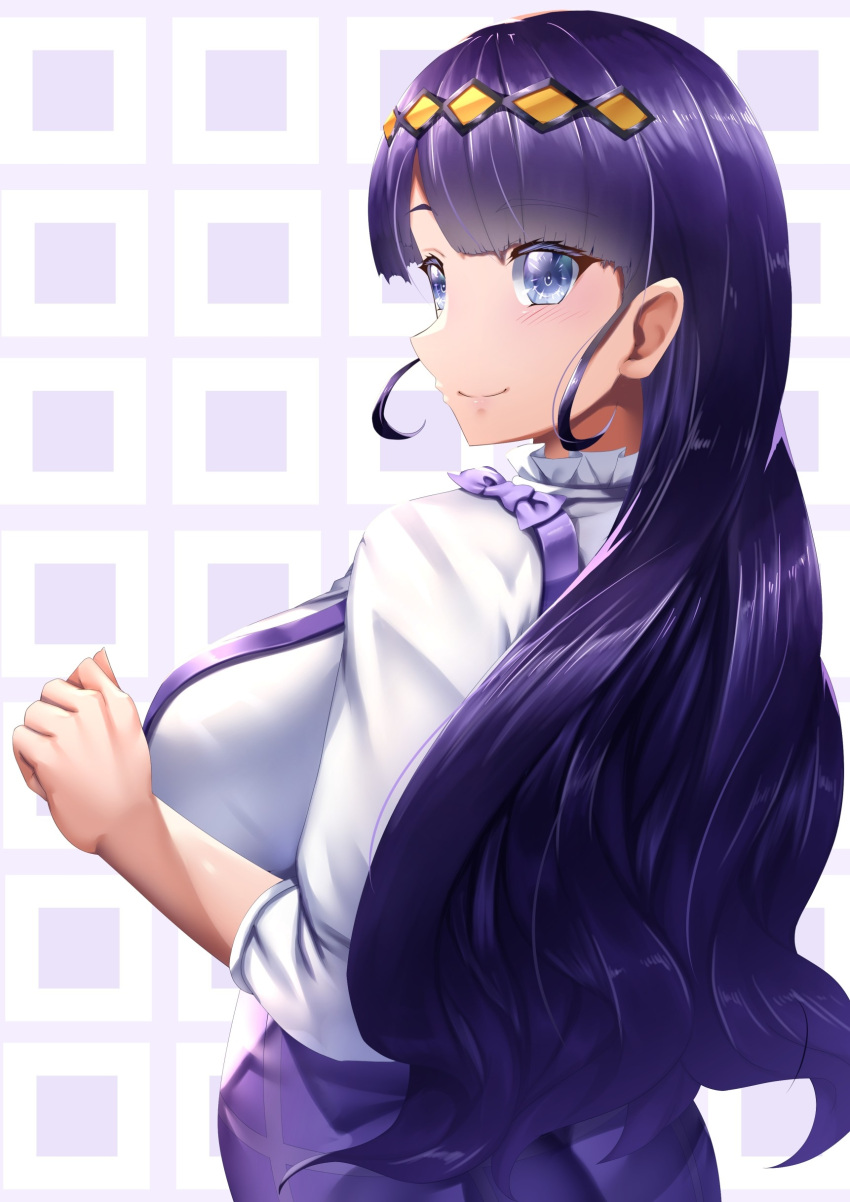 1girl absurdres black_hair blue_eyes blunt_bangs casual closed_mouth collar commentary curecycadura delicious_party_precure frilled_collar frills from_behind highres kasai_amane light_blush long_hair long_sleeves looking_at_viewer looking_back precure purple_skirt shirt skirt smile solo standing suspender_skirt suspenders white_shirt