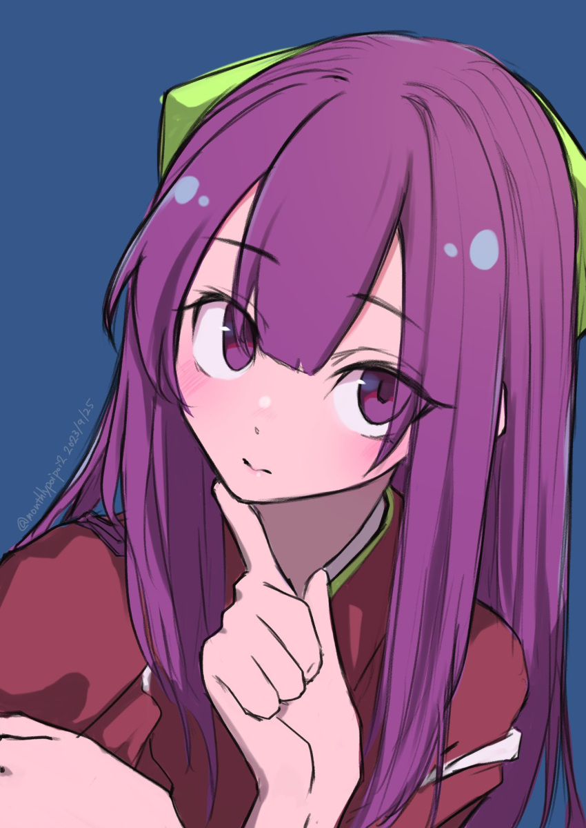 1girl blue_background blush bow closed_mouth dated green_bow hair_between_eyes hair_bow highres index_finger_raised japanese_clothes kamikaze_(kancolle) kantai_collection long_hair looking_at_viewer one-hour_drawing_challenge purple_hair simple_background solo twitter_username umibudou upper_body violet_eyes