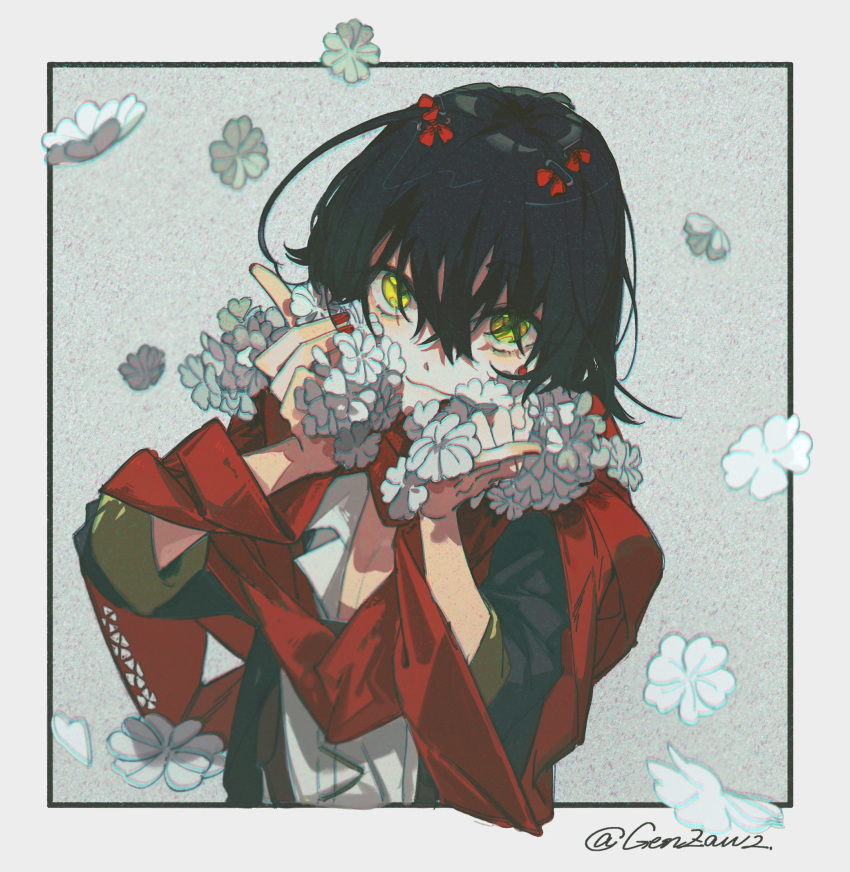 1boy :3 androgynous black_hair black_jacket border bow closed_mouth falling_petals flower genzaw grey_background hair_bow hair_over_eyes hands_up highres holding holding_flower index_finger_raised jacket long_sleeves looking_at_viewer mashiro_(1st_costume)_(nijisanji) mashiro_(nijisanji) minibow multiple_hair_bows nijisanji open_clothes open_jacket outside_border petals pinky_out popped_collar red_bow red_nails red_scarf safety_pin scarf shirt short_hair smile solo static twitter_username upper_body upturned_eyes virtual_youtuber white_border white_flower white_shirt yellow_eyes