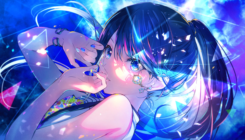 1girl black_hair blue_background blue_eyes blue_hair blue_theme earrings highres hoshino_ichika_(project_sekai) jewelry long_hair looking_at_viewer multicolored_eyes multicolored_nails non-web_source official_art ponytail portrait project_sekai sleeveless star_(symbol) star_earrings
