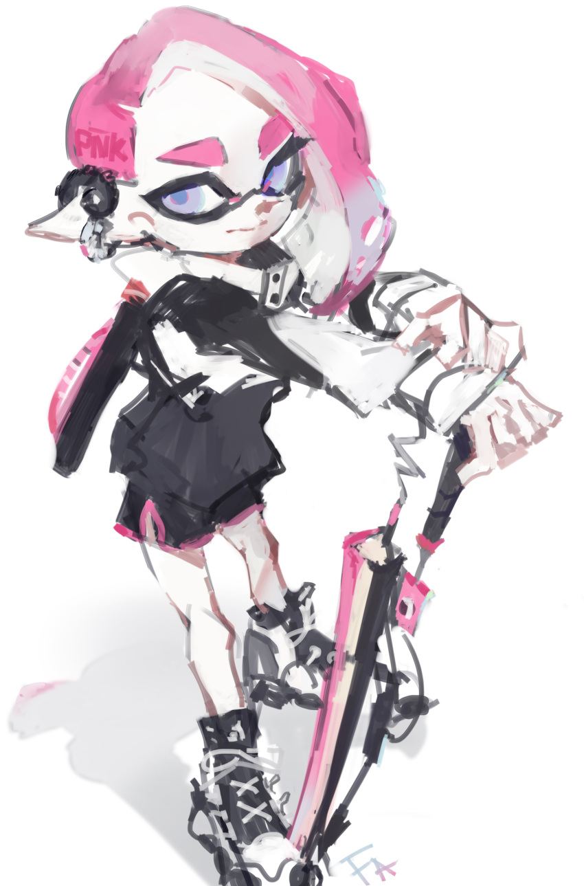 1girl absurdres arms_up asymmetrical_hair black_footwear black_jacket black_shorts closed_mouth commentary_request cross-laced_footwear dolphin_shorts earrings forehead full_body hands_on_hilt highres ink_tank_(splatoon) inkling inkling_girl jacket jewelry long_sleeves looking_at_viewer odake outstretched_arms own_hands_together pale_skin pink_hair planted pointy_ears shoes short_hair short_shorts shorts side_slit simple_background sketch sneakers solo splatana_wiper_(splatoon) splatoon_(series) standing tentacle_hair tentacles violet_eyes white_background