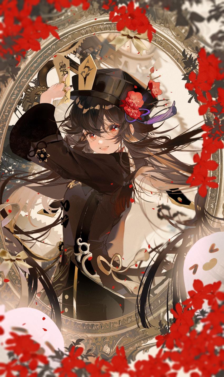 &gt;_&lt; 1girl :d absurdres arm_up black_headwear black_nails black_shorts boo_tao_(genshin_impact) brown_coat brown_hair coat commentary_request cowboy_shot flower flower-shaped_pupils framed from_side gears genshin_impact ghost gold_ribbon hat hat_flower hat_tassel highres holding hu_tao_(genshin_impact) jewelry long_hair long_sleeves looking_at_viewer looking_to_the_side multiple_rings open_mouth plum_blossoms porkpie_hat red_eyes red_flower ring shorts smile solo symbol-shaped_pupils wide_sleeves xiang_tui_tui
