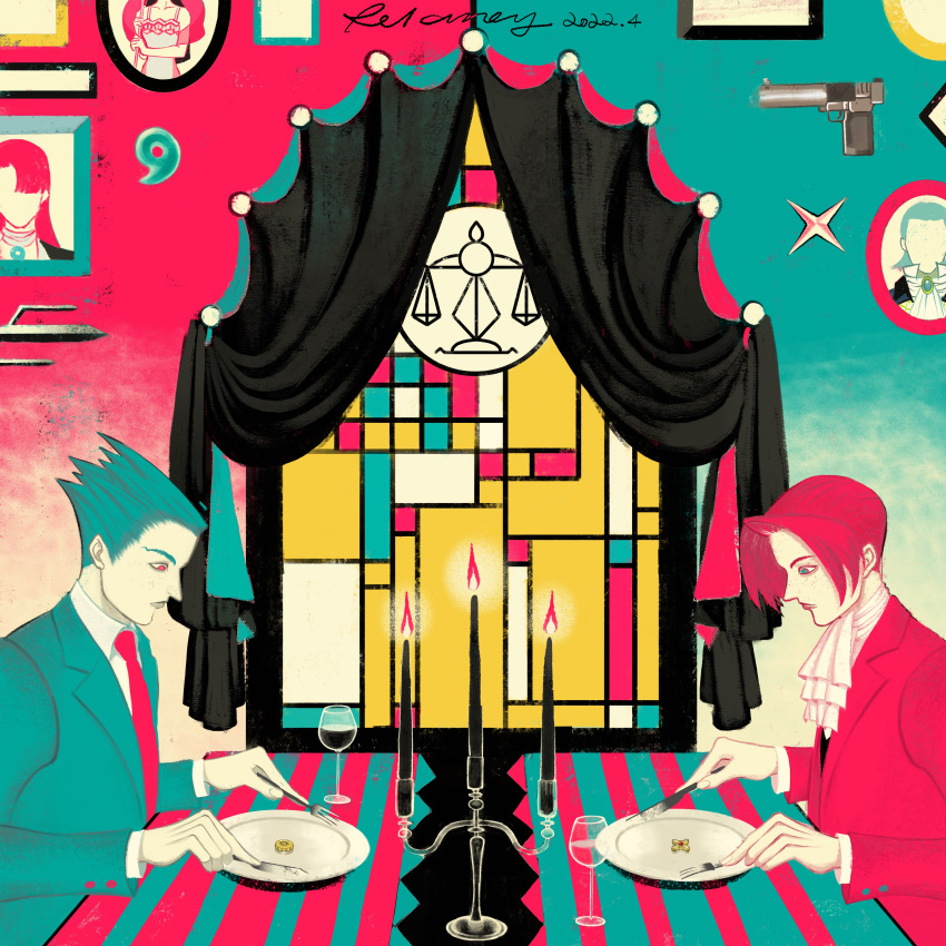 2boys absurdres ace_attorney ascot balance_scale buttoned_cuffs candlestand collared_shirt cup curtains dahlia_hawthorne drinking_glass fork from_side gun highres holding holding_fork holding_knife jacket knife limited_palette long_sleeves looking_down magatama male_focus manfred_von_karma mia_fey miles_edgeworth multiple_boys necktie phoenix_wright picture_frame portrait_(object) relanoy shirt short_hair spiky_hair stained_glass table upper_body weapon weighing_scale window wine_glass