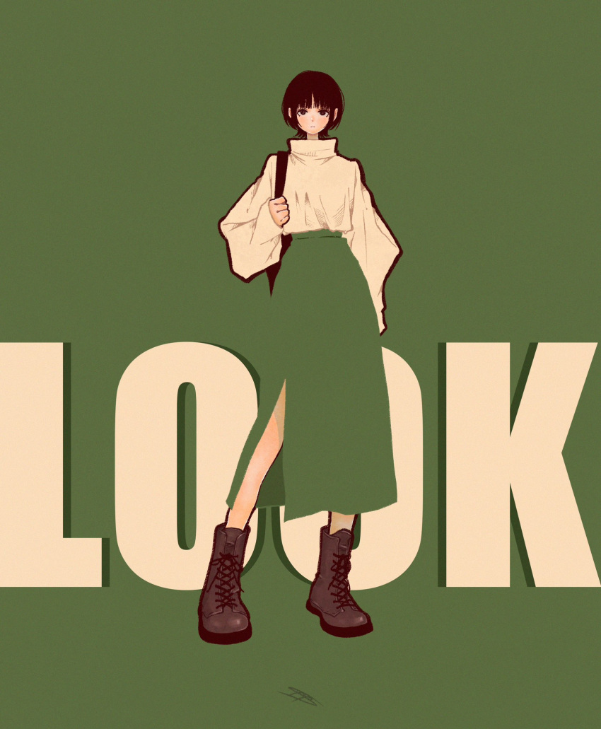 1girl black_hair blending boots brown_footwear english_text expressionless green_background green_skirt highres long_skirt long_sleeves looking_at_viewer original puffy_long_sleeves puffy_sleeves shirt short_hair side_slit signature simple_background skirt sleeves_past_wrists solo standing syooooyoooo white_shirt wide_shot