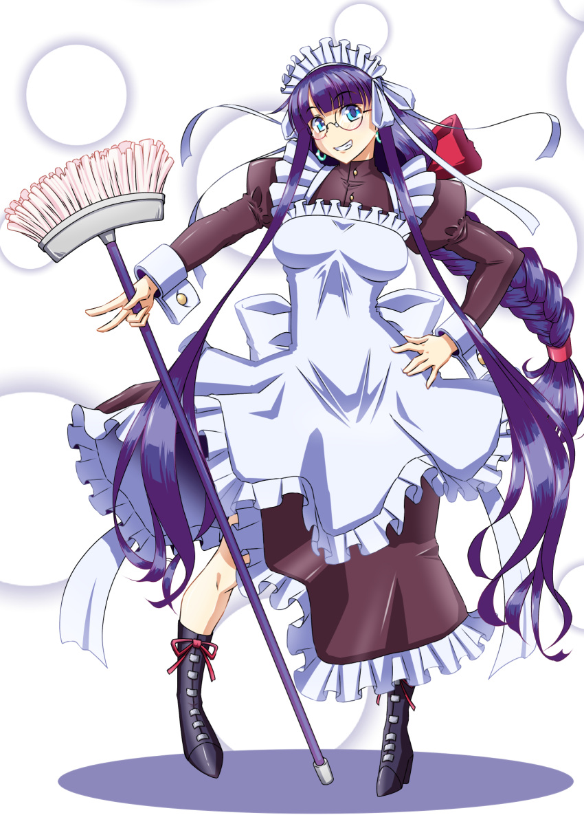 1girl alternate_costume alternate_hairstyle apron bespectacled blue_eyes blunt_bangs boots braid breasts broom brown_dress dress earrings enmaided fate/grand_order fate_(series) frilled_apron frilled_dress frills full_body glasses high_heel_boots high_heels highres holding holding_broom hoop_earrings jewelry juliet_sleeves large_breasts long_hair long_sleeves looking_at_viewer maid maid_apron martha_(fate) puffy_sleeves purple_hair rofu_get sidelocks smile solo standing twin_braids very_long_hair white_apron