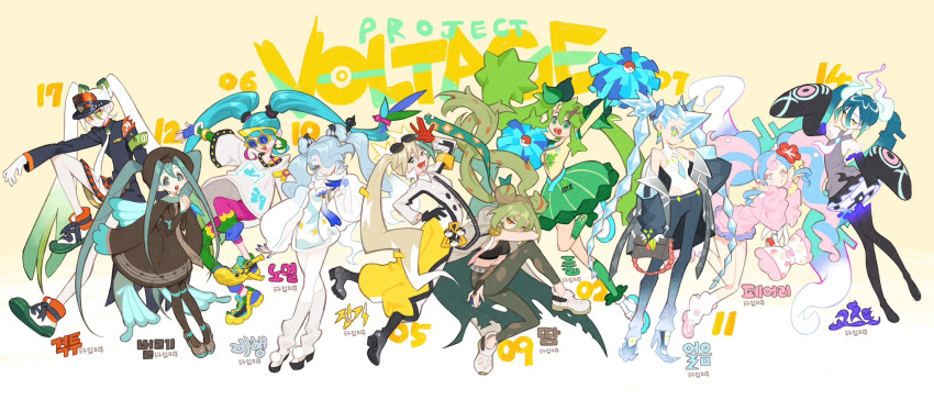6+girls ^_^ aqua_hair armband black_gloves blue_hair breasts bug_miku_(project_voltage) cape closed_eyes copyright_name crystal_hair detached_legs detached_sleeves double_bun electric_miku_(project_voltage) eyewear_on_head fairy_miku_(project_voltage) fighting_miku_(project_voltage) flower flying_miku_(project_voltage) gamza ghost_miku_(project_voltage) gloves gradient_hair grass_miku_(project_voltage) green_hair grey_hair ground_miku_(project_voltage) hair_between_eyes hair_bun hair_flower hair_ornament hair_over_one_eye hatsune_miku highres ice_miku_(project_voltage) jumpsuit korean_text leg_warmers long_hair multicolored_hair multiple_girls normal_miku_(project_voltage) one_eye_closed open_clothes open_mouth pants pantyhose poke_ball pokemon pom_pom_(cheerleading) project_voltage red_flower red_gloves shirt shoes short_sleeves simple_background skirt sleeves_past_fingers sleeves_past_wrists sneakers sunglasses torn_cape torn_clothes twintails very_long_hair visor_cap vocaloid white_hair
