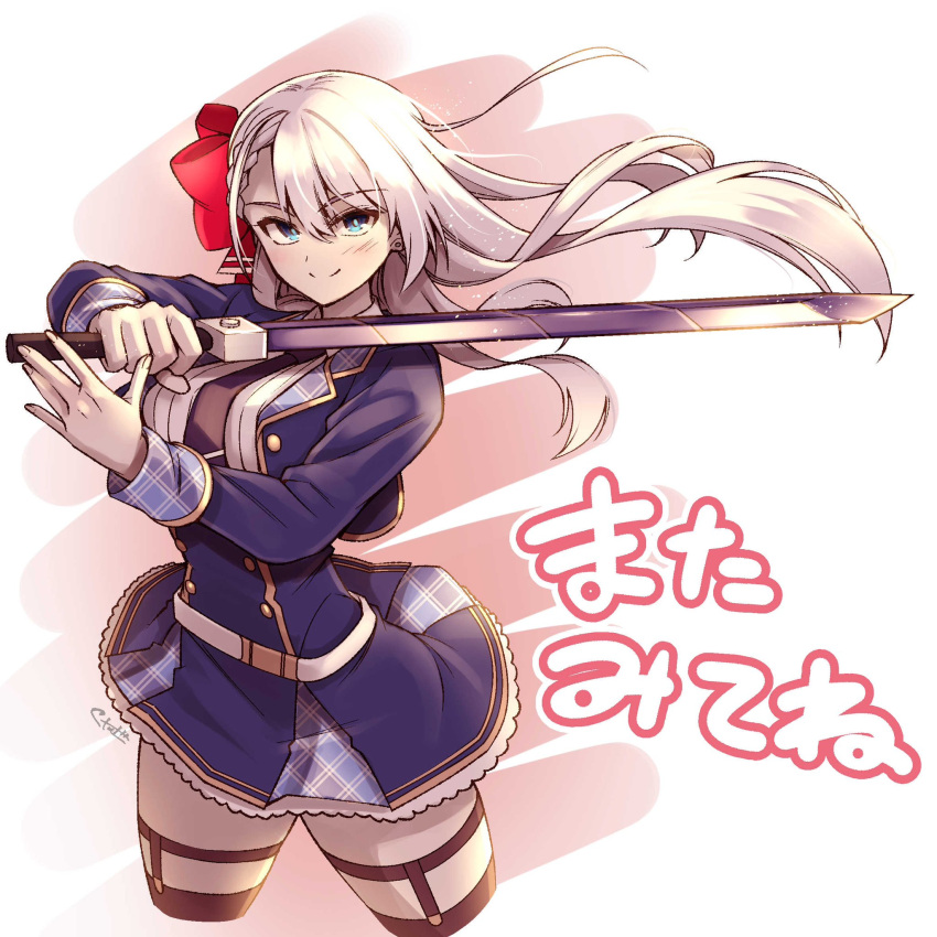 1girl belt black_necktie blue_eyes bow breasts earrings hair_bow highres holding holding_sword holding_weapon jewelry keigen_hichou large_breasts long_hair looking_at_viewer lyseria_christaria miniskirt necktie official_art red_bow seiken_gakuin_no_maken_tsukai shirt skirt sword thigh-highs uniform weapon white_belt white_hair white_shirt