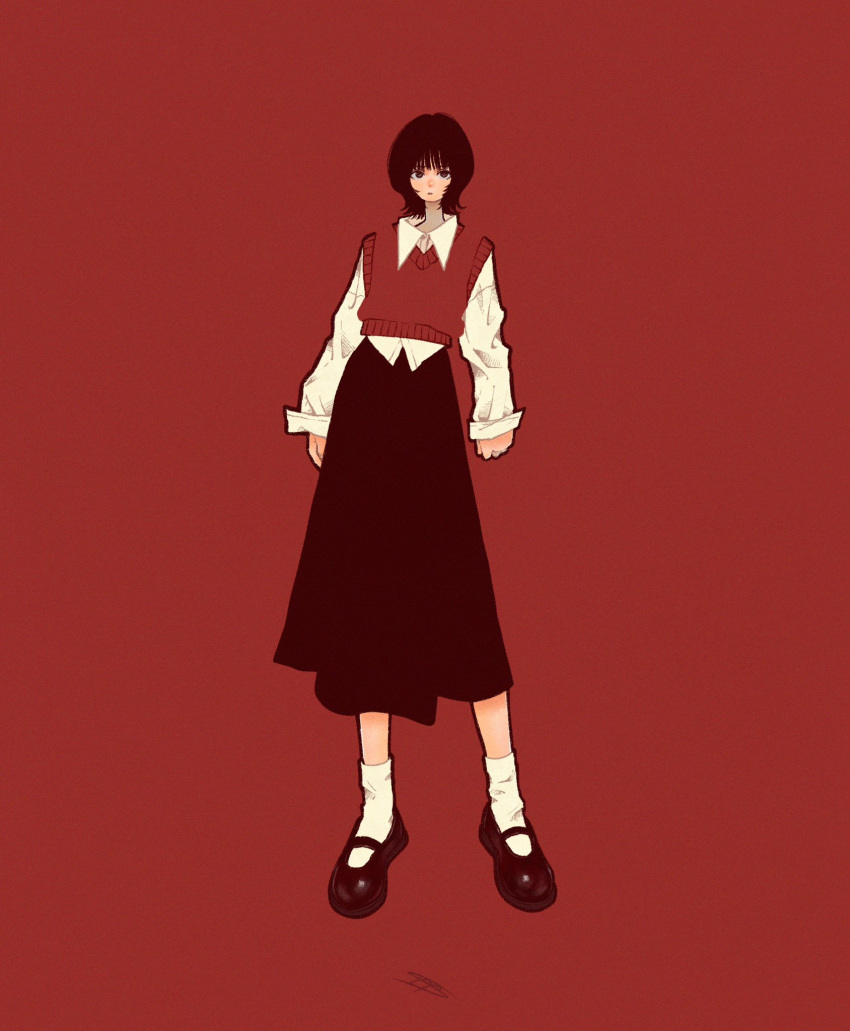 1girl black_footwear black_hair black_skirt blending collared_shirt expressionless highres long_skirt looking_at_viewer original red_background red_sweater_vest second-party_source shirt shoes short_hair signature simple_background skirt sleeves_past_wrists socks solo standing sweater_vest syooooyoooo white_shirt white_socks wide_shot