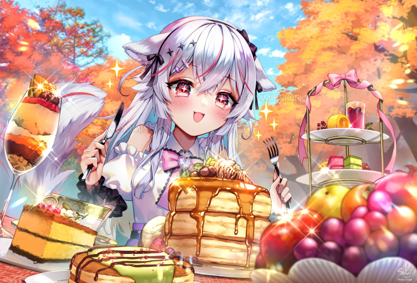 1girl blush bow bowtie cake commentary commission drink food fork grey_hair guild_cq highres holding holding_fork holding_knife knife kurenagi_eri multicolored_hair open_mouth outdoors pancake pink_bow pink_bowtie red_eyes redhead skeb_commission smile solo sparkling_eyes streaked_hair symbol-only_commentary tree twintails virtual_youtuber yukimichi_(nieko)