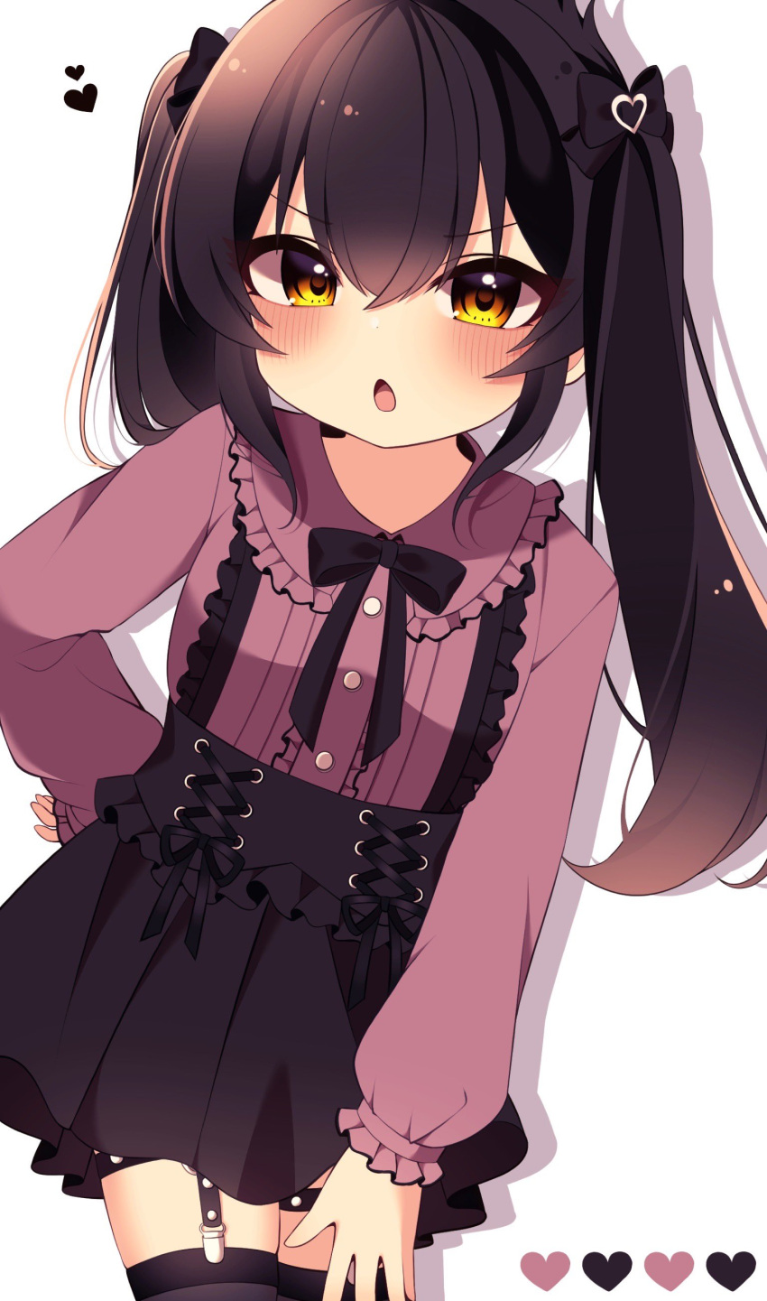 1girl absurdres black_bow black_bowtie black_hair black_skirt black_thighhighs blush bow bowtie buttons chestnut_mouth commentary_request eyelashes frilled_shirt frilled_shirt_collar frills garter_straps hair_between_eyes hair_bow hand_on_own_hip highres idolmaster idolmaster_cinderella_girls long_hair long_sleeves looking_at_viewer maju_risa matoba_risa purple_shirt shadow shirt sidelocks skirt solo suspender_skirt suspenders thigh-highs thighs twintails v-shaped_eyebrows white_background yellow_eyes