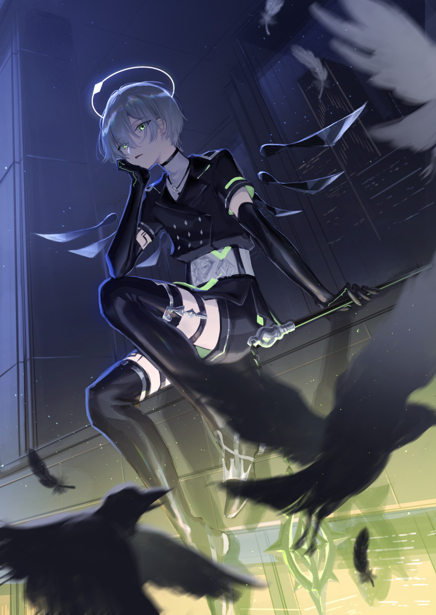 1boy absurdres arene_(arknights) arknights arm_support bird black_gloves black_jacket black_shorts black_thighhighs blurry blurry_foreground commentary_request cropped_jacket crow elbow_gloves feathers foot_dangle frown garter_straps gloves green_eyes grey_hair halo hand_on_own_cheek hand_on_own_face highres holding holding_staff jacket ledge looking_at_viewer male_focus night outdoors parted_lips sekai_noto shirt short_hair shorts sitting solo staff thigh-highs white_shirt wings