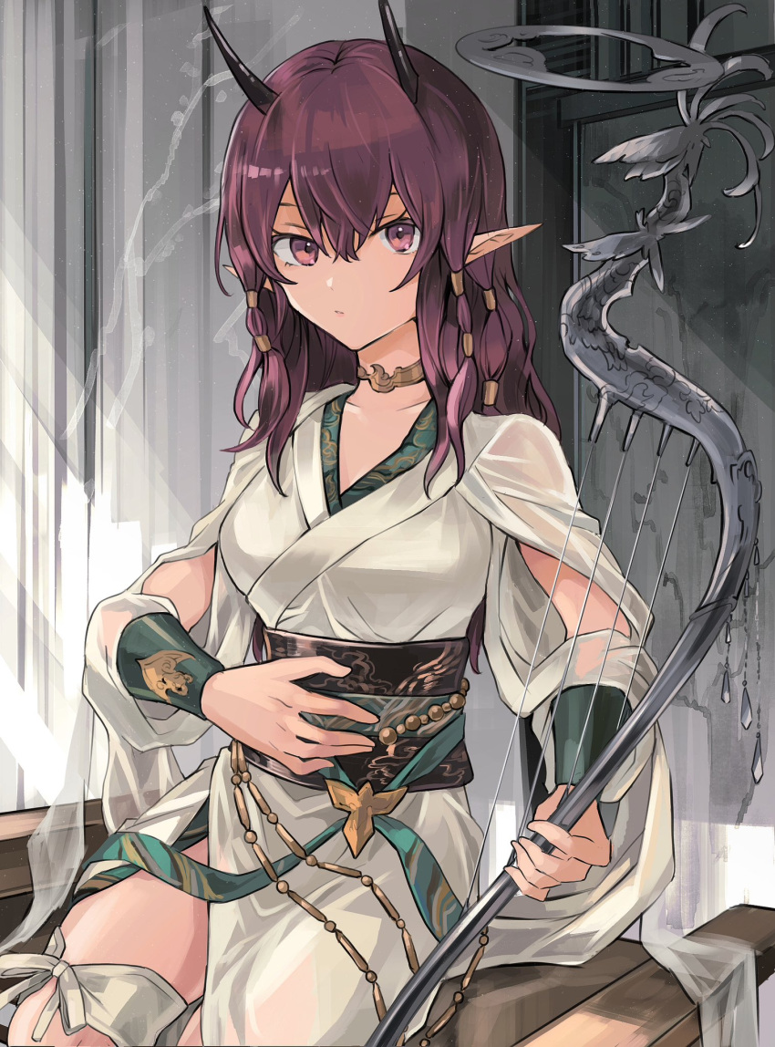 1girl ambience_synesthesia arknights arm_cutout bench breasts clothing_request collar commentary demon_girl demon_horns hair_tubes hand_on_own_stomach harp highres holding holding_instrument horns indoors instrument japanese_clothes kimono lava_(arknights) lava_the_purgatory_(arknights) leg_ribbon light_frown looking_at_viewer medium_breasts noshima obi pointy_ears purple_hair ribbon sash simple_background sitting solo thigh_ribbon violet_eyes white_background white_kimono white_ribbon