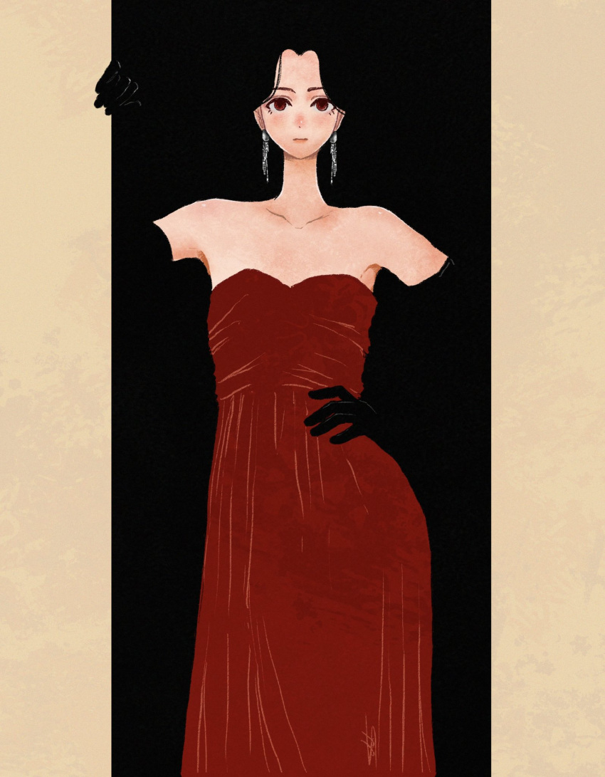 1girl bare_shoulders black_background black_gloves black_hair blending blush dress earrings elbow_gloves expressionless feet_out_of_frame gloves highres jewelry looking_at_viewer original red_dress red_eyes signature solo strapless strapless_dress syooooyoooo