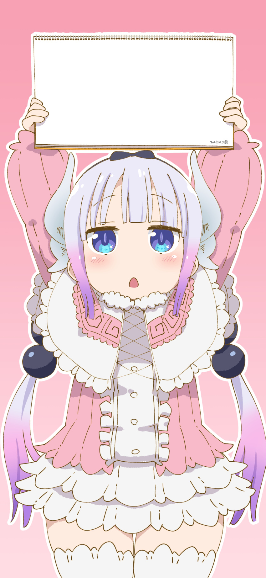 1girl absurdres arms_up beads blue_eyes blush center_frills commentary_request cowboy_shot dragon_girl dragon_horns dress frilled_dress frills gradient_background gradient_hair grey_hair hair_beads hair_ornament hairband highres holding holding_sketchbook horns kanna_kamui kobayashi-san_chi_no_maidragon long_hair low_twintails microdress multicolored_hair open_mouth pink_background pink_hair purple_hair samansa_ex sketchbook solo template thigh-highs twintails white_thighhighs zettai_ryouiki
