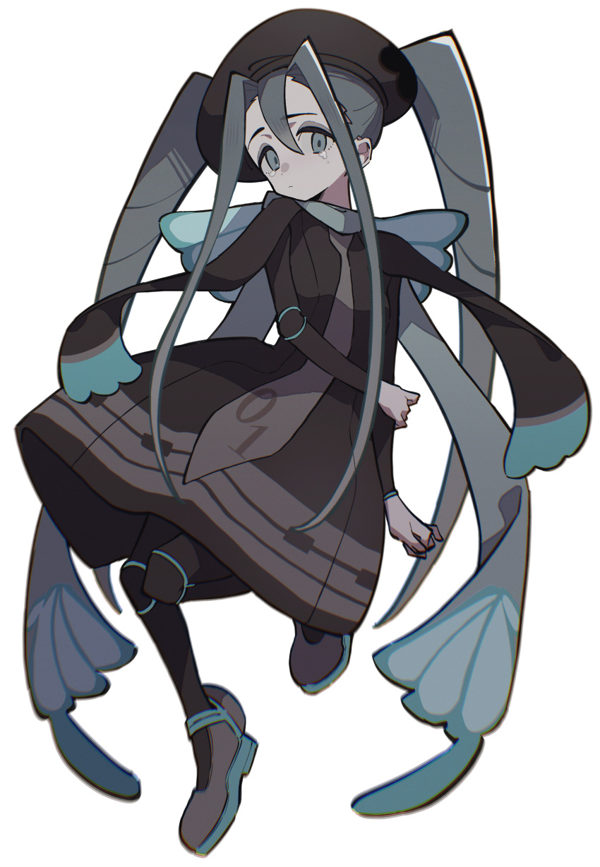 1girl absurdres animal_print aqua_eyes aqua_hair brown_dress brown_headwear bug_miku_(project_voltage) butterfly_print dress eyeshadow full_burrrrrrst hair_through_headwear hand_on_own_elbow hatsune_miku highres long_hair long_sleeves looking_at_viewer makeup necktie pokemon project_voltage simple_background twintails very_long_hair vocaloid white_background