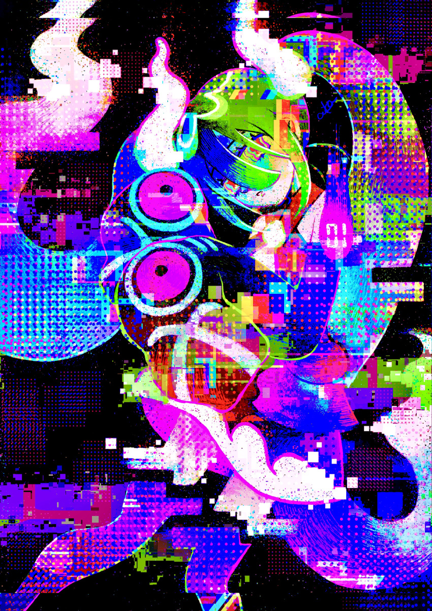 1girl abstract absurdres colorful commentary_request dress fire ghost_miku_(project_voltage) glitch hair_between_eyes hands_up highres long_hair looking_at_viewer multicolored_eyes multicolored_hair otonoha_aika parted_lips project_voltage purple_thighhighs rainbow_eyes rainbow_hair short_dress sidelocks sleeves_past_fingers sleeves_past_wrists solo thigh-highs twintails very_long_hair vocaloid white_fire zettai_ryouiki