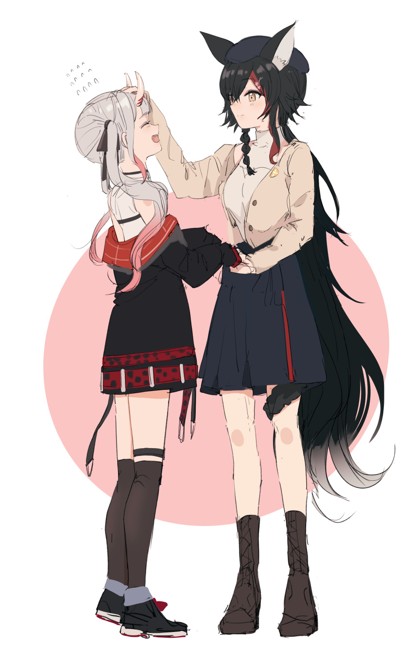 2girls :d absurdres animal_ears beret black_hair boots braid brown_eyes cardigan closed_eyes colored_tips full_body grey_hair hand_on_another's_head hat highres holding_hands hololive horns jacket long_hair long_sleeves looking_at_another multicolored_hair multiple_girls nakiri_ayame nakiri_ayame_(5th_costume) off_shoulder ogura_tubuan oni_horns ookami_mio ookami_mio_(5th_costume) open_cardigan open_clothes pink_background redhead side_braid sketch smile standing streaked_hair tail tail_around_own_leg twintails two-tone_background very_long_hair virtual_youtuber white_background wolf_ears wolf_girl wolf_tail
